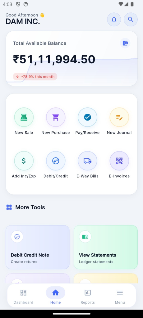 DAM Mobile App Dashboard Screen